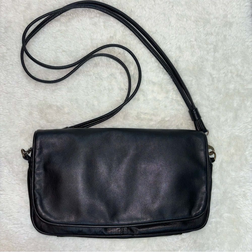 Black Genuine Leather Envelope Crossbody Purse Double Straps Large Pockets